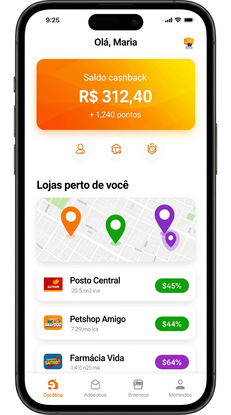 App Ponto Cash mostrando saldo de cashback e lojas próximas